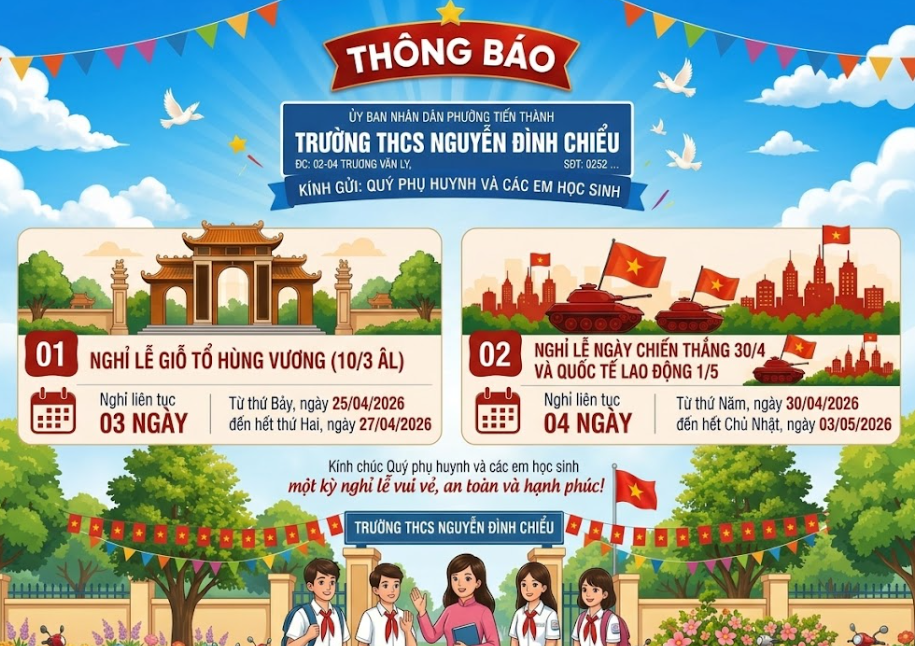 THÔNG BÁO: NGHỈ LỄ GIỖ TỔ HÙNG VƯƠNG, NGÀY CHIẾN THẮNG 30/4 VÀ QUỐC TẾ LAO ĐỘNG 1/5