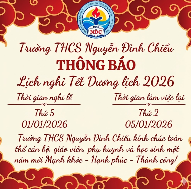 THÔNG BÁO NGHỈ TẾT DƯƠNG LỊCH 2026, TREO CỜ TỔ QUỐC VÀ LỊCH KIỂM TRA CUỐI HỌC KỲ I